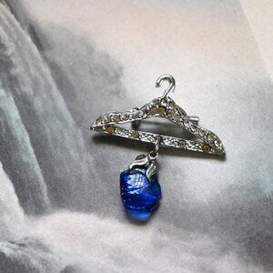 VTG Unique Silver Tone Clothes Hanger Brooch Pin w/ Rhinestones & Blue Glass